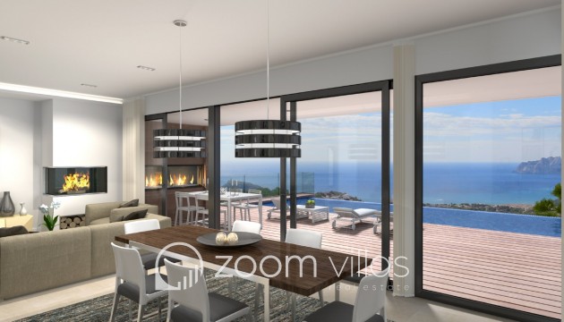Moderne villa te koop in Benitachell, Cumbre del Sol met zeezicht vanuit de woonkamer